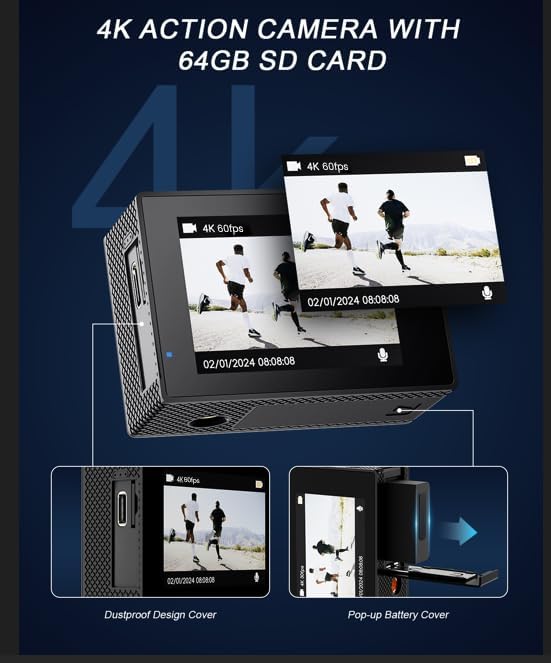 Yolansin 4K 60FPS Waterproof Action Camera: 64G SD Card 131ft Underwater Camera,HD 48MP Waterproof Camera,WiFi Sports Cameras with 2 Batteries Helmet Mount Accessories Kits