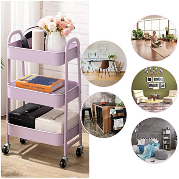 DOEWORKS 3-Tier Storage Cart Rolling Trolley Cart, Metal Utility Shelves with Wheels for Kitchen Makeup Bathroom Office, Light Purple