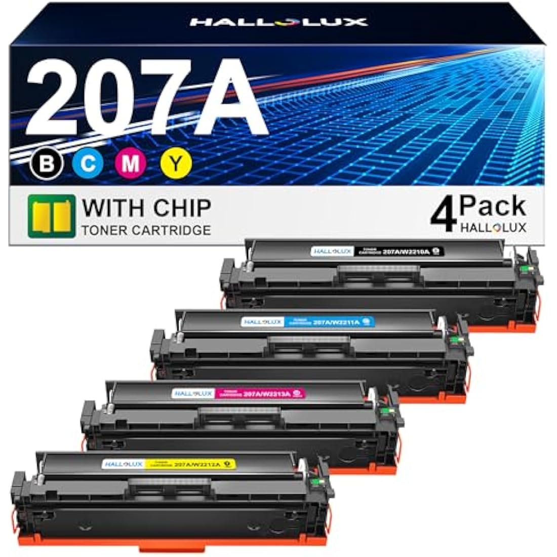 HALLOLUX 207A Toner with Chip Compatible with HP 207A 207X for Color Laserjet Pro MFP M283fdw M283fdn M282nw for Color Laserjet Pro M255dw M255nw W2210A W2211A (Black Cyan Magenta Yellow, 4 Pack)