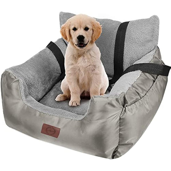 Pet Booster Seat Travel Car Bed for Small Dogs or Cats, Waterproof Warm Plush Dog Safety Seat with Storage Pocket and Clip-On Safety Leash, Silver Gray