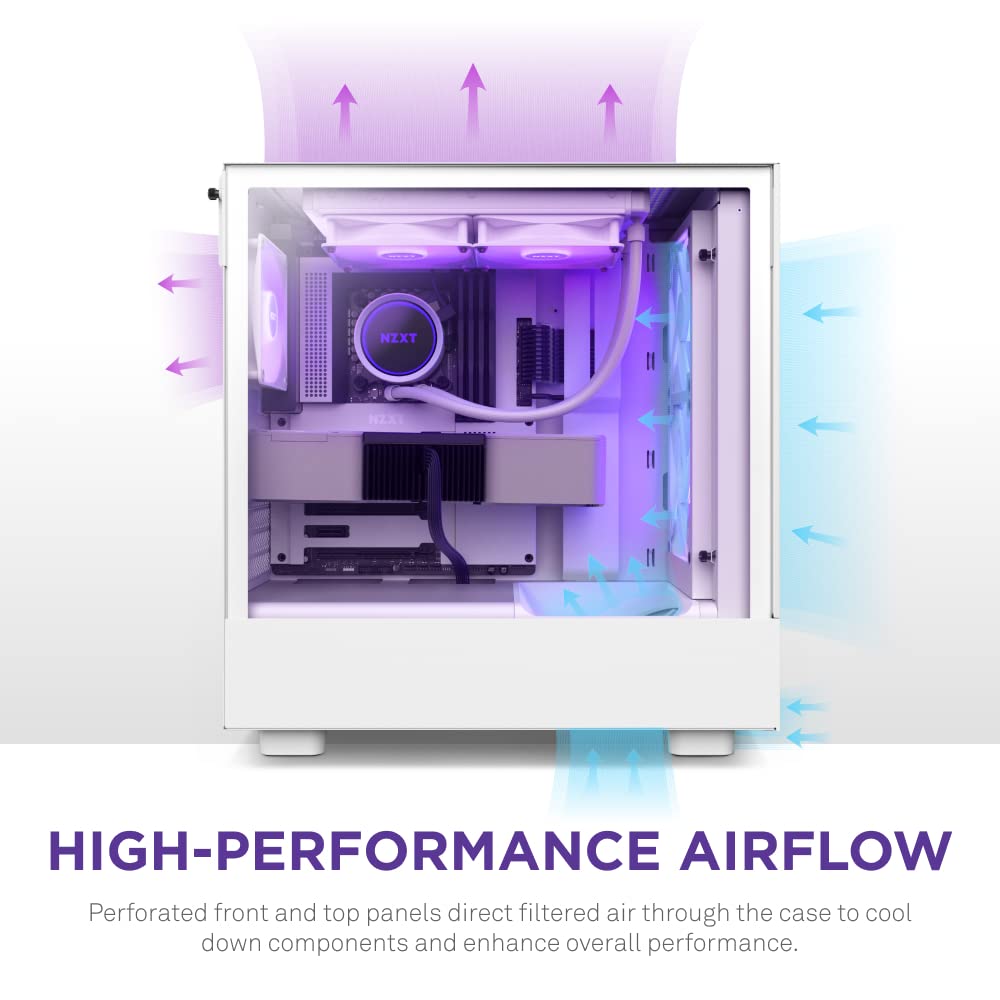 NZXT H5 Flow RGB - Compact ATX Mid-Tower PC Gaming Case - High Airflow - F360 RGB Core (CV) Included - 360mm Front & 240mm Top Radiator Support - Cable Management - Tempered Glass - White