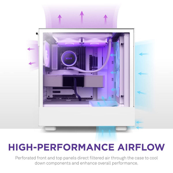 NZXT H5 Flow RGB - Compact ATX Mid-Tower PC Gaming Case - High Airflow - F360 RGB Core (CV) Included - 360mm Front & 240mm Top Radiator Support - Cable Management - Tempered Glass - White