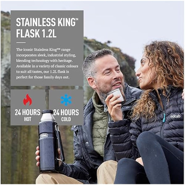 Thermos - Stainless King Gun Metal Travel Flask (1.2L) Premium Leak Proof Insulated Tea & Coffee Flask for Hot & Cold Drinks, Built-in Cup, Twist-Pour Stopper, BPA-Free, Durable Steel, Dishwasher Safe
