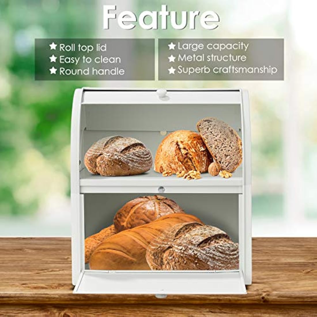 Hossejoy Metal Bread Box, Double Compartment Roll Top Countertop Bread Storage, Bread Bin Container Holder, Double Layer Breadbox Holds for your Kitchen Counter（White）