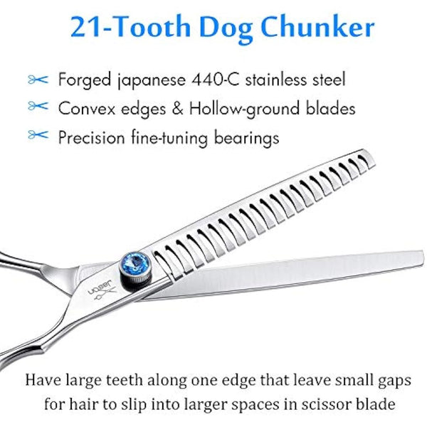 JASON 7" 21-Teeth Chunker Shears for Dogs Ergonomic Dog Grooming Texturizing Blending Thinning Shears Pets Trimming Kit with Offset Handle