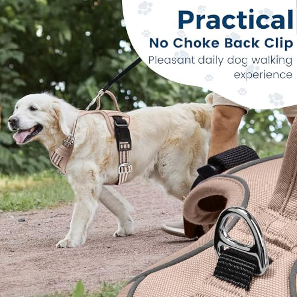 Funfox Dog Harness Medium No Pull, Adjustable 2 Clips Anti-Pull Vest with Practical Handle, Breathable Padded Pet Harness Designed for Small/Large Breeds, Reflective Training Walking Brown M