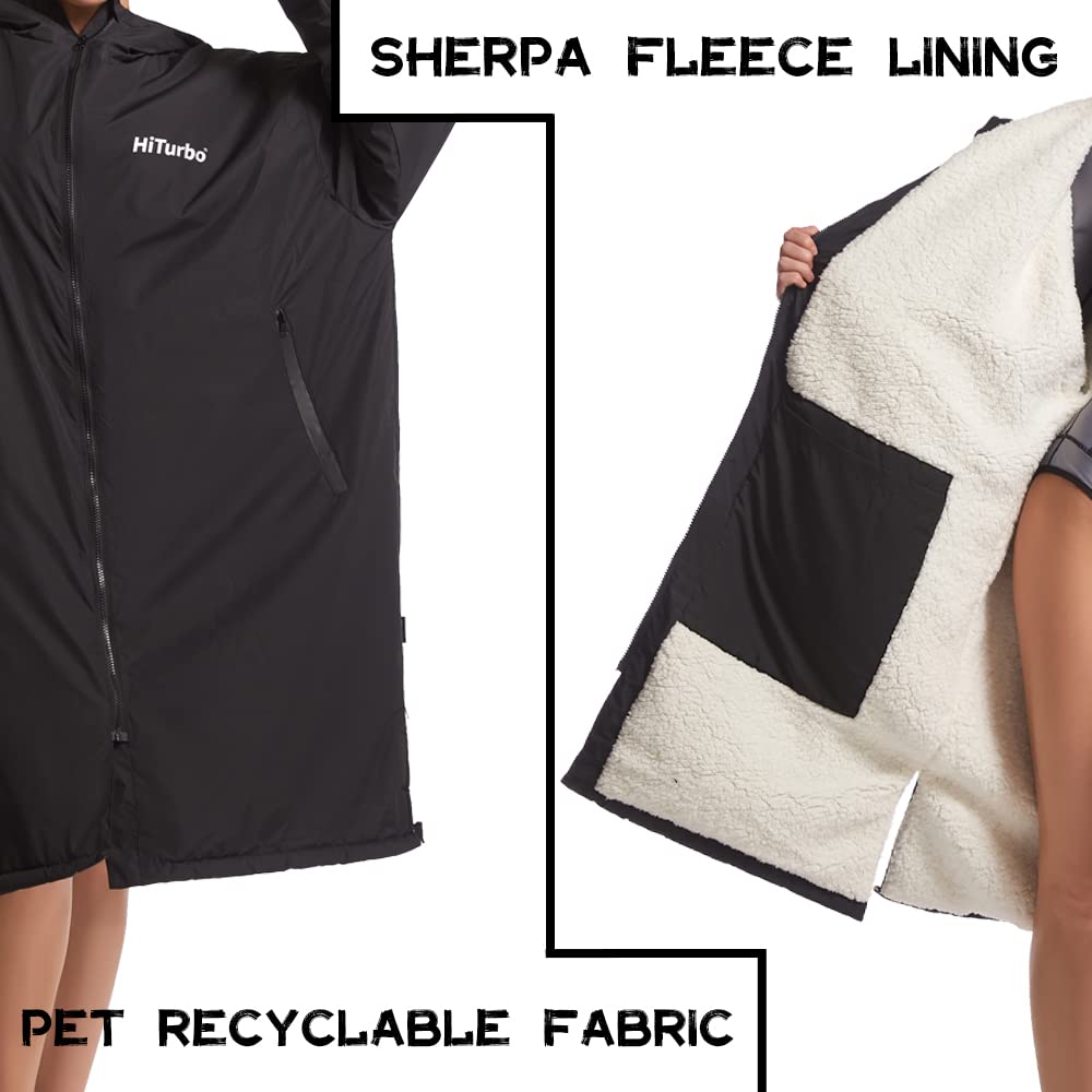 Hiturbo Waterproof Adult Changing Robe: Windproof Warm Swimming Robe Oversized Coat Surf Poncho with Fleece Lining Black