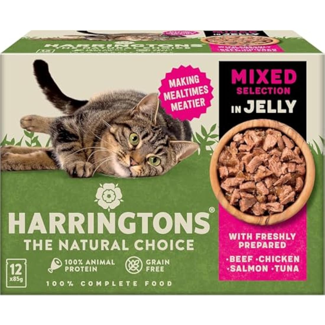 Harringtons Complete Wet Pouch Grain Free Hypoallergenic Adult Cat Food Mixed in Jelly Pack 72x85g - Beef, Chicken, Salmon & Tuna- Making Mealtimes Meatier