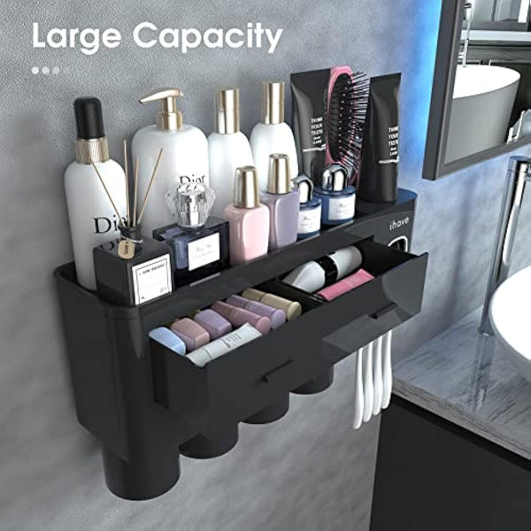 ihave Toothbrush Holders Bathroom Storage, 4 Cups Toothbrush Holder Wall Mounted with Toothpaste Dispenser, Large Capacity Tooth Brush Holder Bathroom Storage & Organisation