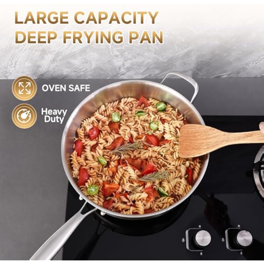Inqibee 28 CM Tri-Ply Stainless Steel Sauté Pan with Lid,Induction Deep Frying Pan,Detachable Ergonomic Handle and Oven Safe