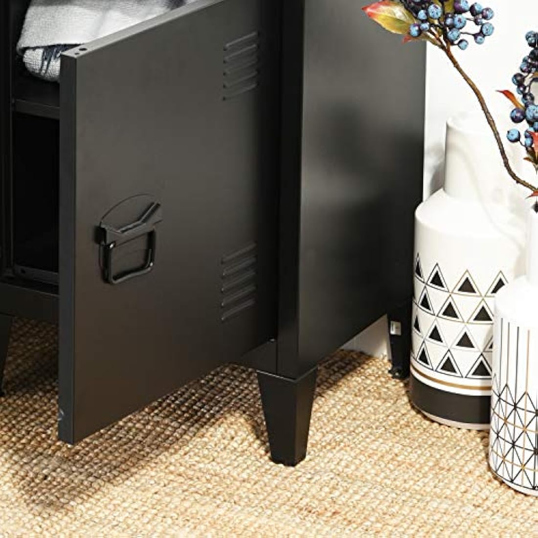 Homybec Single Metal Locker Storage Cabinet 1-Door, Scandinavian Free Standing 2 Tier Shelves Bedside Nightstand Cupboard for Home Office Study Bedroom Living Room, Black