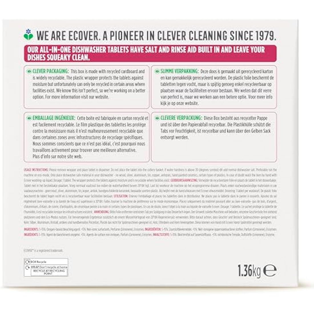 Ecover All in One Dishwasher Tablets, Contains Salt & Rinse Aid, Powerful Cleaning, Fresh Lemon & Mandarin Scent, Pack of 1, 68 Tablets