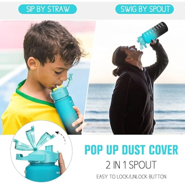 CodiCile 2 Pack Water Bottle Set - 2 Liters & 750ml With Straw, BPA Free, Motivational Canteen With Time Marking, Leakproof Large Sport Drink Bottle for Women Men