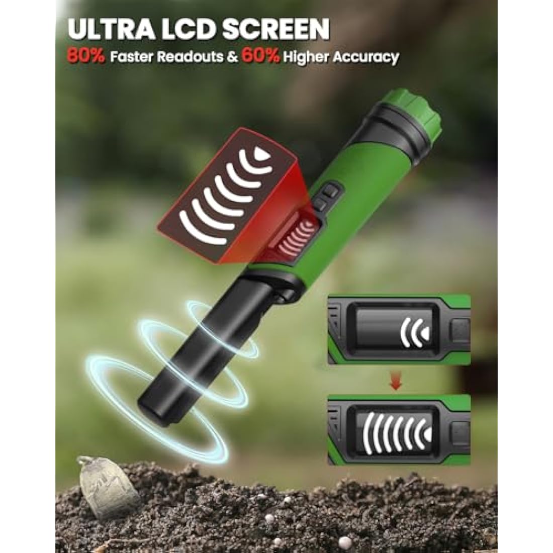 DR.ÖTEK Metal Detector Pinpointer, IP68 Fully Waterproof Handheld Pin Pointer with LCD Screen, Innovative Interference Cancellation Function, Higher Sensitivity, 3 Modes, Great for Gold, Coins, Green