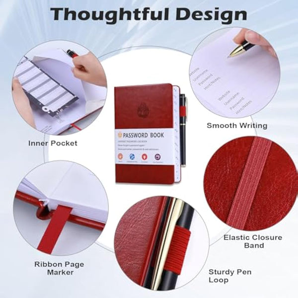JIANTA Password Book Alphabetical with Tabs A-Z Index Hardback for Internet Website Address Contacts Password Organizer with Pen, Elastic Band, Inner Pocket (13cm x 19cm, Burgundy)