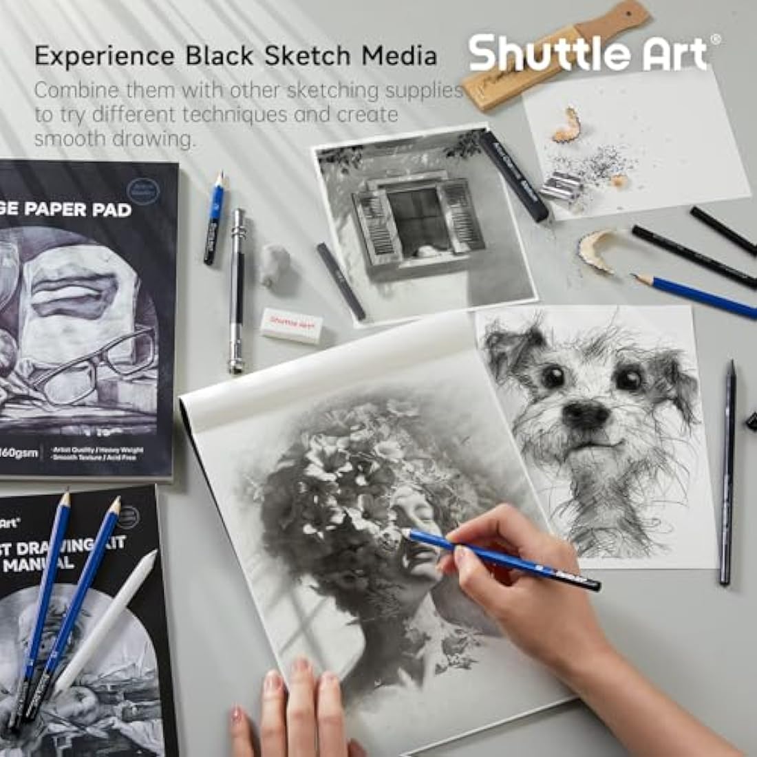 Shuttle Art 124 Pack Sketching and Drawing Pencils Set, Sketch Art Pencil Set with 4 Drawing Pads, Graphite Pencils in Zipper Case, Colouring Pencils for Artist Sketching, Art Set for Adults, Beginner