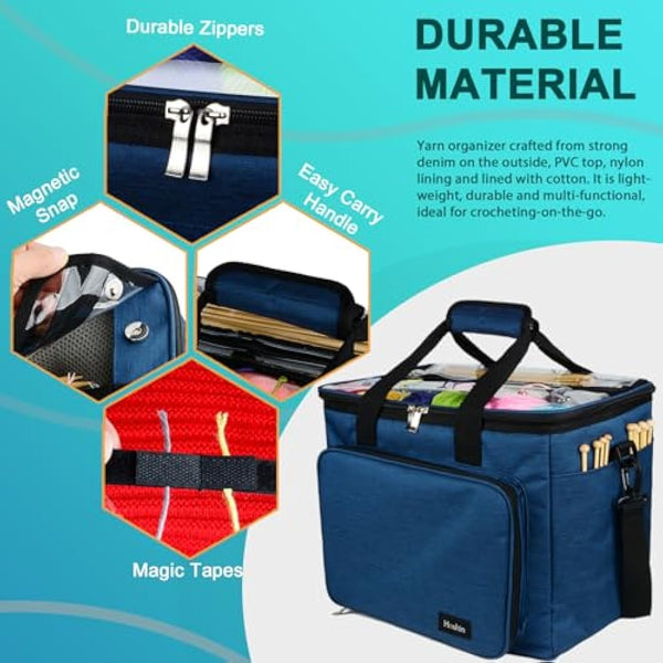 Hoshin Knitting Bag for Yarn Storage, Portable Crochet Tote Bag Yarn Organizer for Crochet Patterns and Hooks, Needles, Skeins of Yarn-Enjoy Knitting/Crocheting Anywhere(Navy)