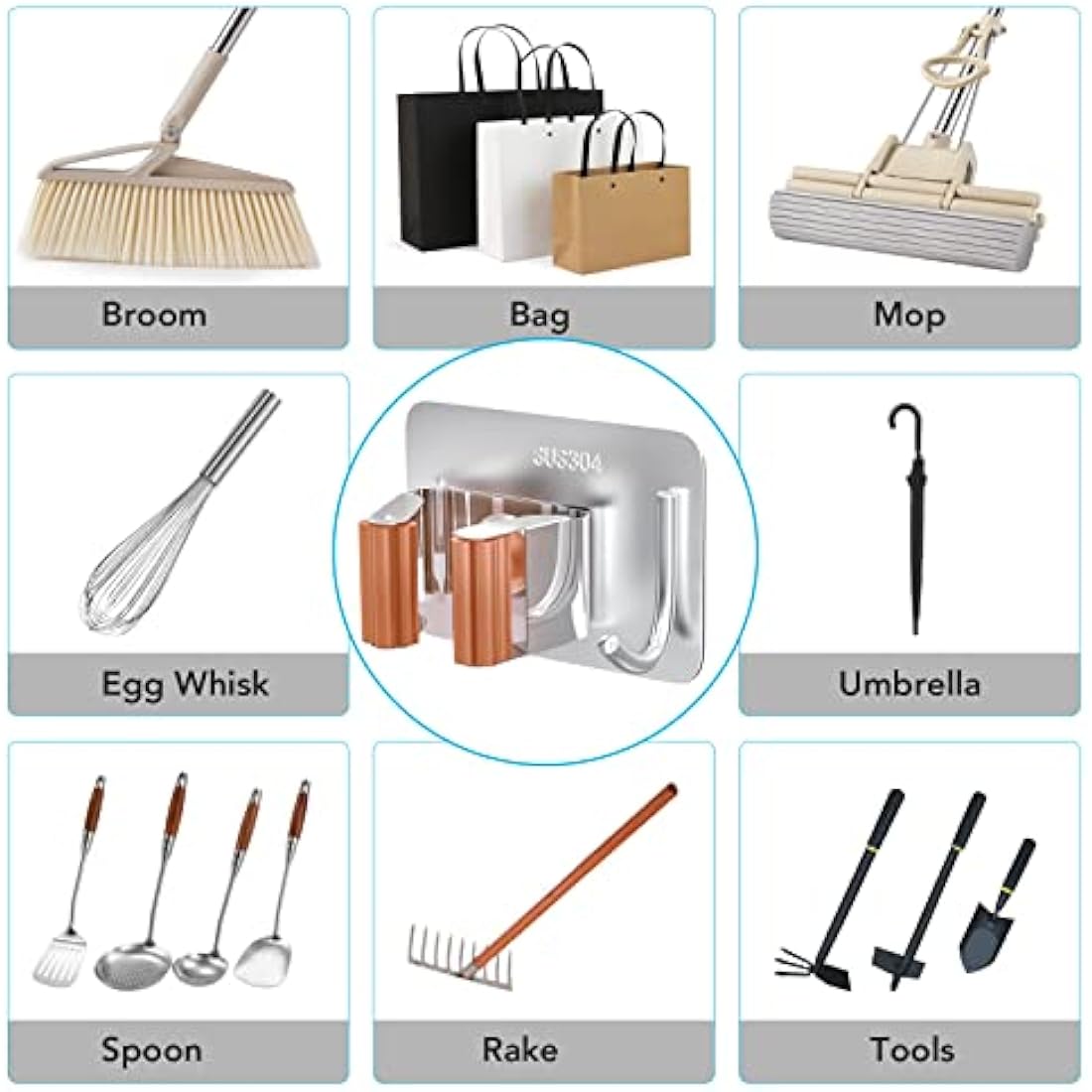 homeasy Mop Broom Holder, 4 Pcs Stainless Steel Self Adhesive Mop Holder Wall Mounted with Hooks Hanger Self-Adhesive Broom Holder (Orange)