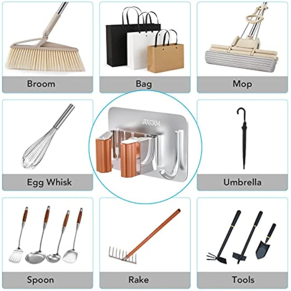 homeasy Mop Broom Holder, 4 Pcs Stainless Steel Self Adhesive Mop Holder Wall Mounted with Hooks Hanger Self-Adhesive Broom Holder (Orange)