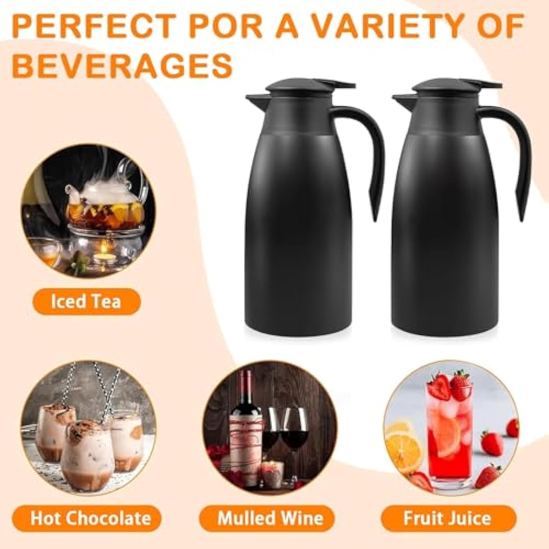 2 Pack 2L Thermal Coffee Carafe Jug, 68 OZ Black Stainless Steel Insulated Jug Tea Pot, Double Walled Vacuum Carafe Jugs for Coffee Tea Hot Water Hot Beverage (12+ Hrs Heat&24+ Hrs Cold Retention)