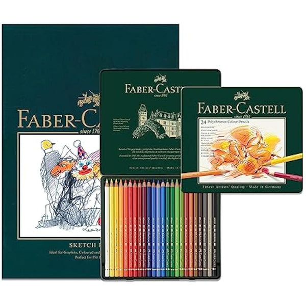 Faber-Castell A4 Sketch Pad & Tin Of 24 Polychromos Artists Colouring Pencils - Art Set For Adult Colouring Books, Craft Supplies, Drawing, Sketching, Lightfast Pencils, Schools, Home, College…