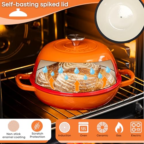 Enamelled Cast Iron Dutch Oven Pot  Dutch Oven For Sourdough Bread Baking  Cast Iron Bread Pot  Orange, 6 Quarts, 22cm  by Nuovva