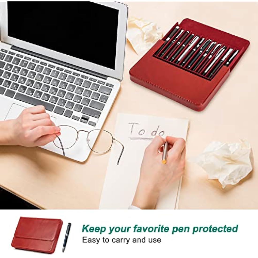 Hiram Leather Pen Case for 12 Pens Vegetable Tanned Leather Fountain Pen Storage Box with Hidden Magnetic Snap Closure and Pen Tray Design (Red)