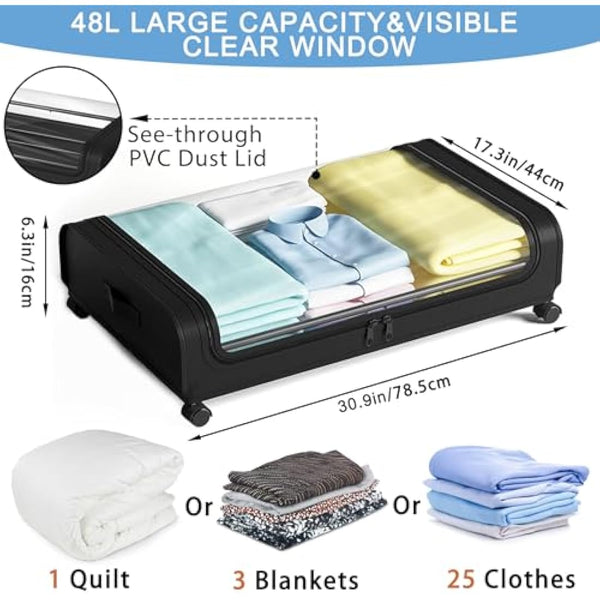 2 Pack Under Bed Storage with Wheels Lid 48L Rolling Metal Frame Underbed Containers Clear Window Storage Bag Box Organization Home Bedroom Organizer Drawer Bin for Clothes Shoes Toys Blankets Black