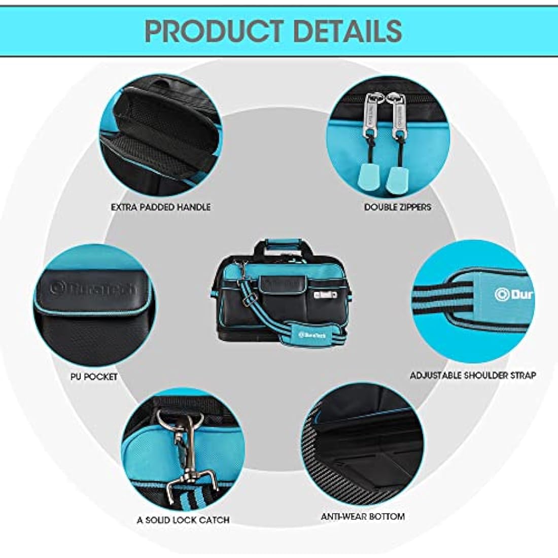 DURATECH Tool Bag 17-inch, 32 Pockets Large Tool Bag, Hard Base Wide Open Mouth Storage Bag, 840D Heavy Duty Tool Bags with Adjustable Shoulder Strap, Suitable for Household and Maintenance Personnel