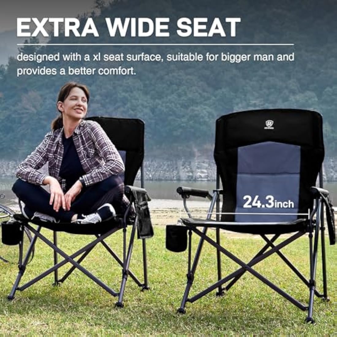 EVER ADVANCED Camping Chair for Adults Oversized 230KG, Folding Chair for Heavy People with Side Pocket, Heavy Duty Extra Wide with Hard Armrest Foldable Garden Fishing Outdoor Fold up