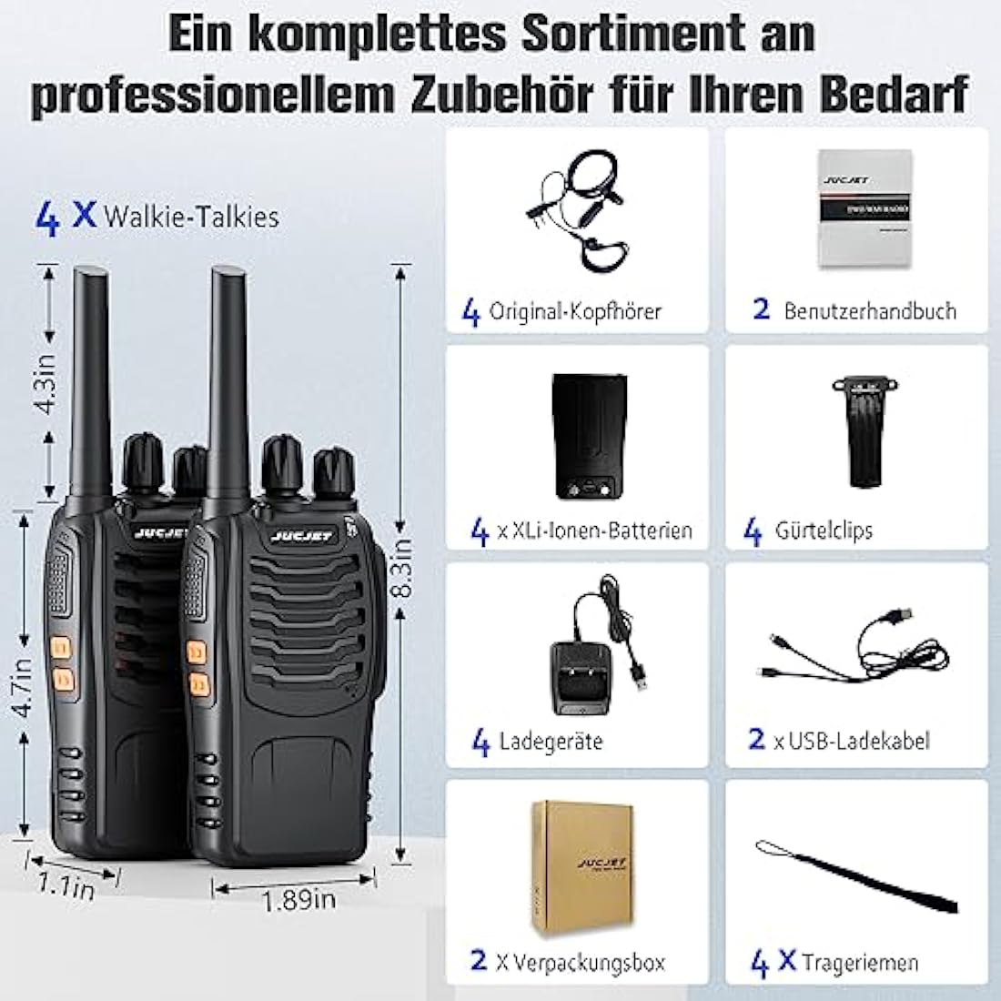 JUCJET Walkie Talkies 2023 Upgraded 88E Walkie Talkie Long Range for Adults with Earpieces, 16 Channel Handheld 2 Way Radio Rechargeable with Flashlight Li-ion Battery and Charger(4 Pack)