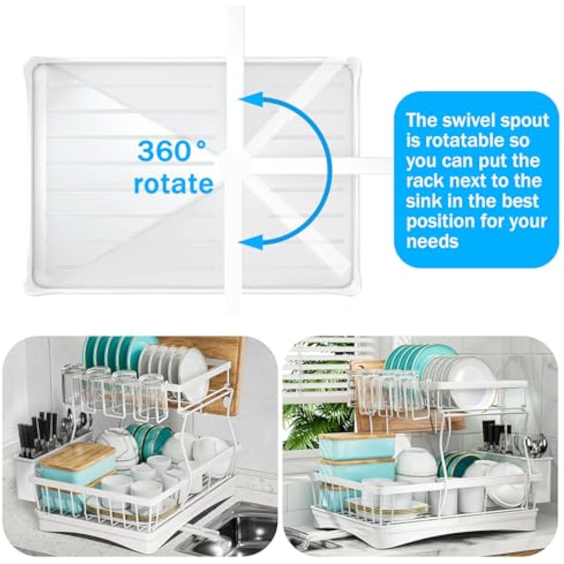 7 code Large Dish Drying Rack for Kitchen Counter,Detachable Large Capacity Dish Drainer Organizer with Utensil Holder,2-Tier Dish Drying Rack with Drain Board,White