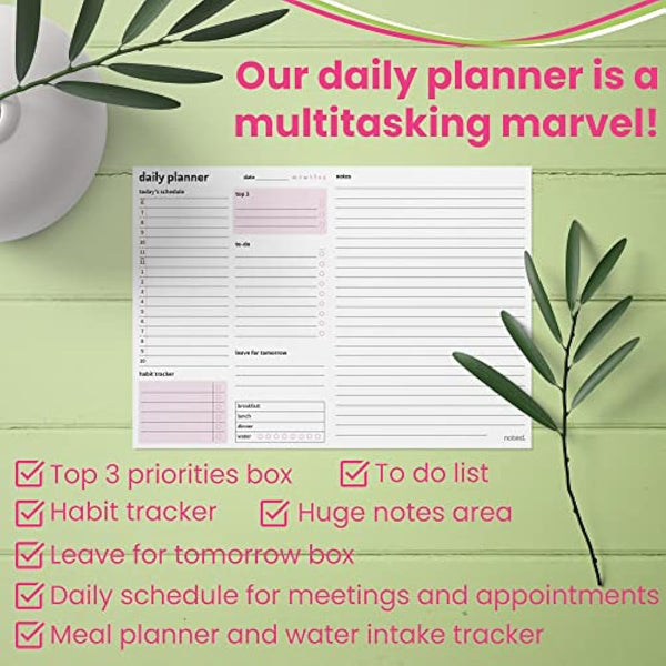 A4 Daily Planner Pad – 52 sheets - Organiser with Daily Schedule, Large Notes Area, To Do List Daily Planning, Habit Tracker – Tear Off Desk Pads for Work, Business, Home or Exam Study Revision