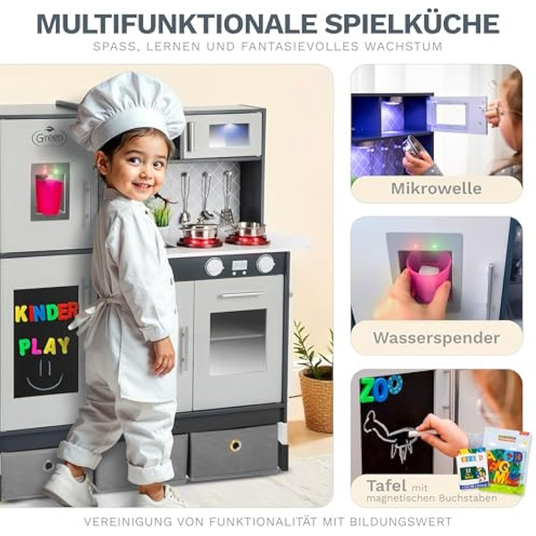 Green Series Kinderplay Large Wooden Play Kitchen - XXL Kids Kitchen for Toddlers & Children, GS0057-1