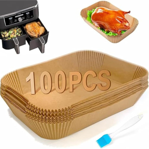FEEZOM Air Fryer Disposable Paper Liners, 100PC Liners for Ninja Air Fryer Dual, Airfryer Food Grade Accessories for AF300UK AF400UK, Salter, Other Dual Airfryer