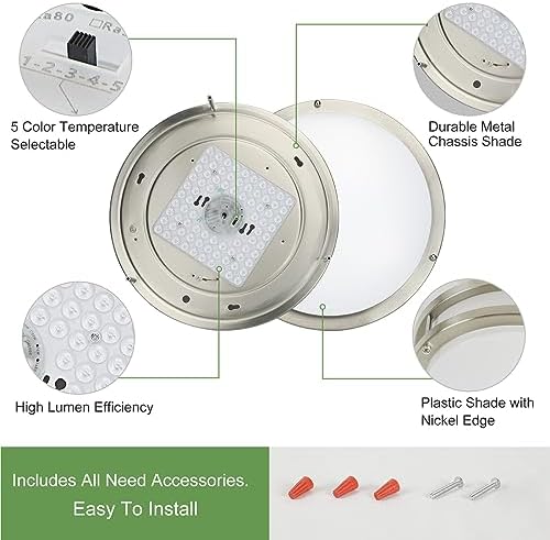 DINGLILIGHTING 30W LED Ceiling Light Fixture, 13 in Flush Mount Ceiling Lights, Brushed Nickel Round Lamp for Living Room, Bedroom, Kitchen, Hallway,3000-6000K 5 Color Adjustable, Super Bright