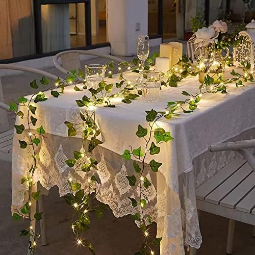 Fielegen 4 Pack 2 Meter Vine with Lights, Fake Ivy String Lights Battery Operated 80 LED Green Leaf Lights, Artificial Garland Plant Vine Fairy Light for Bedroom, Garden, Wall, Room, Party Decor