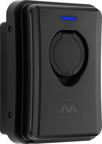 Masterplug Smart EV Home Wall Charger for Type 2 Electric and Plug-In Hybrid Vehicles, Tethered with 5m Cable, Mode 3, App Control, Solar Charging, Single Phase, Black, IP55, 7.4kW, 32A, EVCM3ST7B-MP