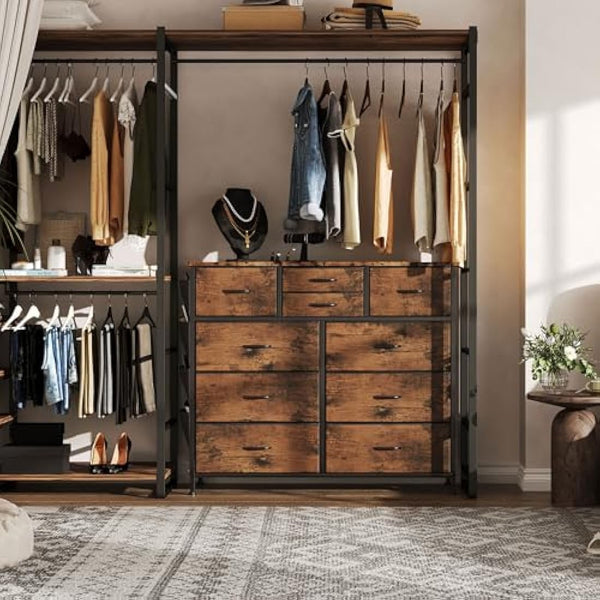 Flrrtenv Chest of Drawers, 100cm Wide Dresser for Bedroom with 10 Drawers, Tall Fabric Storage Organizer Fit for Nursery, Living Room, Closet - Rustic Brown