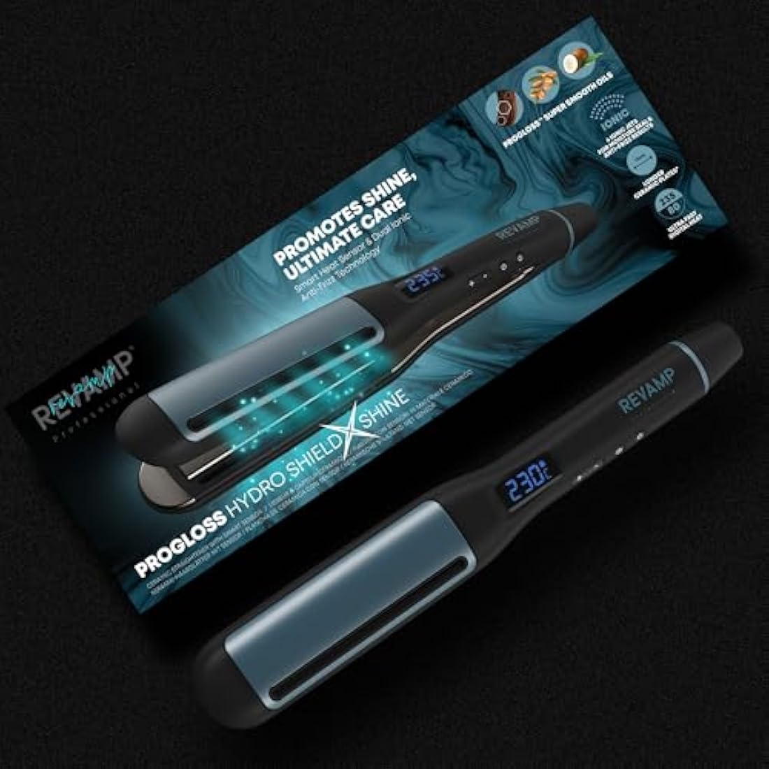 REVAMP Hydro Shield X Shine Ceramic Hair Straighteners - Long Plates for Fast One Stroke Styling, Straightening, Smart Sensor Heat Protection, 4 Ionic Jets - Salon Professional Hair Straightener