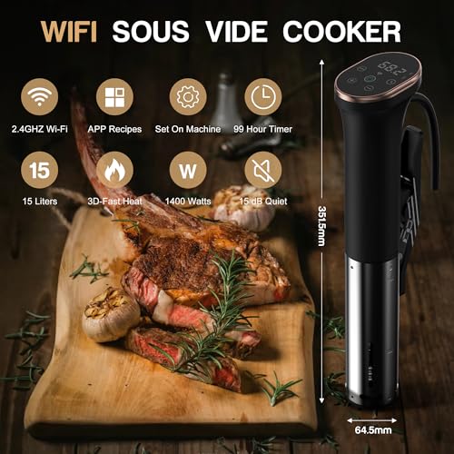 Karinear Sous Vide Machine WIFI 1100W Immersion Circulator with Temperature Time LED Display Stainless Steel Touch Control Silent Style for All Groups