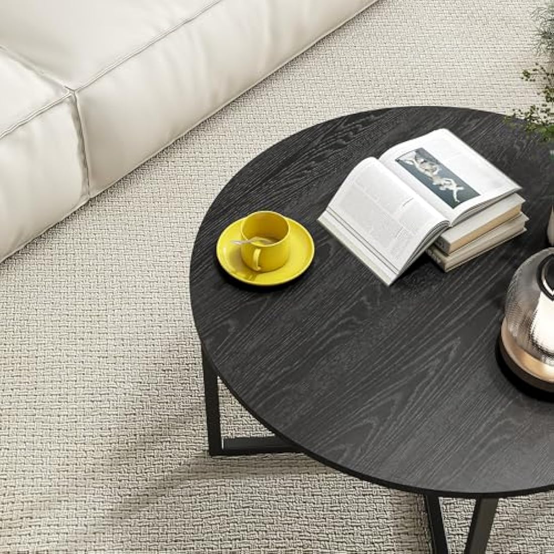 HOJINLINERO Round Coffee Table Tea Table End Table Sofa Table for Living Room with Metal Legs,Cocktail Table with Wood Look Accent Furniture,Easy To Assemble,Black