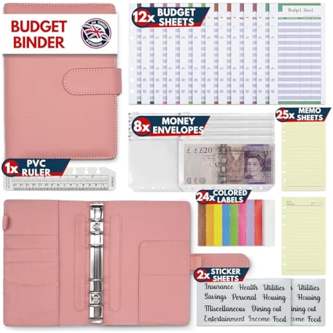KASTLO A6 PU Leather 51pcs Budget Binder Notebook - Money Saving Wallet with Plastic Money Wallet Organiser, Label Sticker, Ruler - Budget Planner & Cash Envelopes for Cash Stuffing Wallet UK - Nude