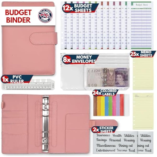 KASTLO A6 PU Leather 51pcs Budget Binder Notebook - Money Saving Wallet with Plastic Money Wallet Organiser, Label Sticker, Ruler - Budget Planner & Cash Envelopes for Cash Stuffing Wallet UK - Nude