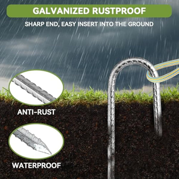 Graxury 20Packs 16inch Heavy Duty Trampoline Tents Anchor Ground Pegs - Galvanized Steel Rust-Proof J Hook Rebar Stakes Fit Trampolines Camp Garden Shed Swings with Chisel Point End