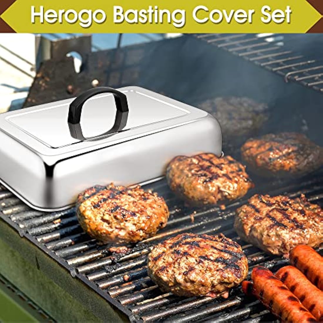 Herogo Cheese Melting Dome Set of 2, Rectangular Stainless Steel Steam Basting Cover with Heat Proof Handle, Ideal for BBQ Flat Top Griddle Grill Kitchen, Dishwasher Safe