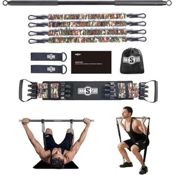 INNSTAR Portable Home Gym Set with Workout Bar, Bench Press Set, Squat Resistance Band, Door Anchor and More-Full Body Workout Equipment to Build Muscle and Shape Body