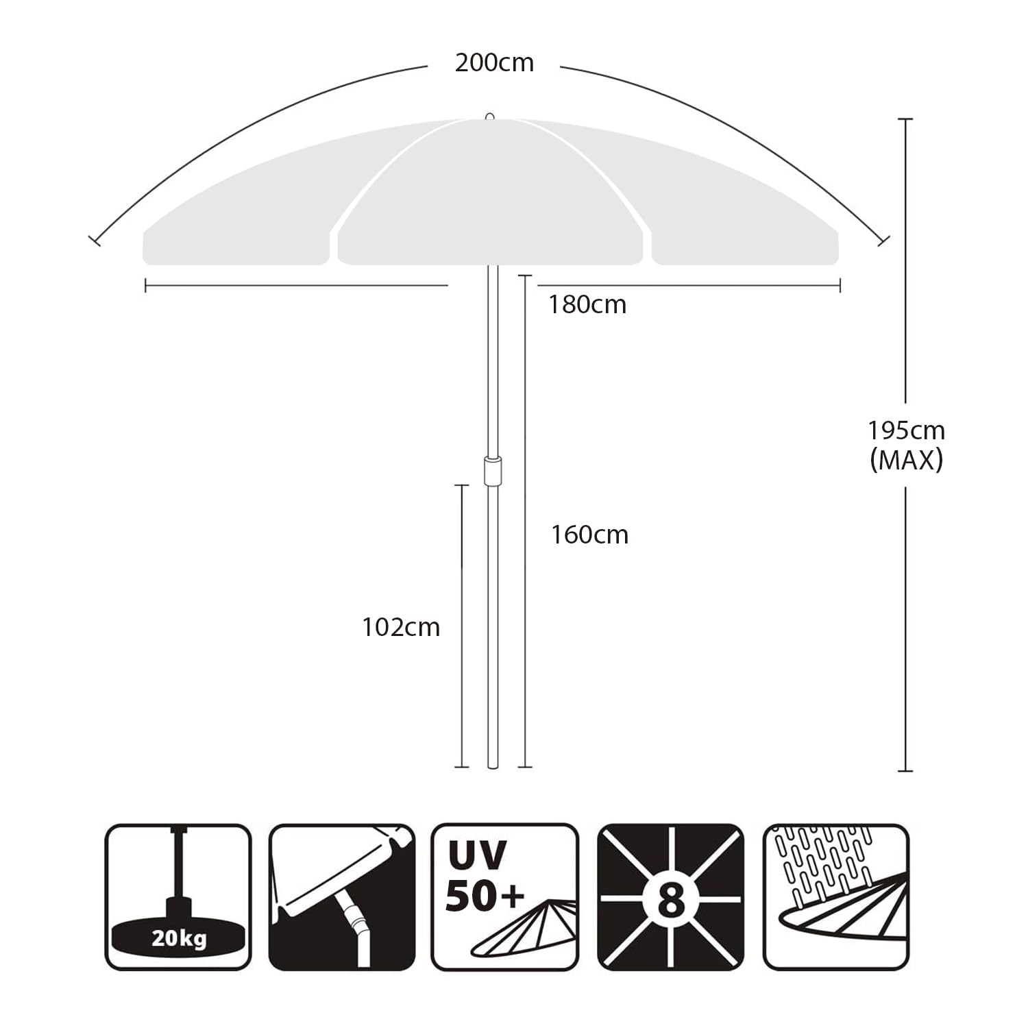 Sekey 2m Garden Parasol with Umbrella Cover - Adjustable and Portable Patio Umbrella for Beach, Garden, Pool, and Patio - UPF 50+ Sun Protection