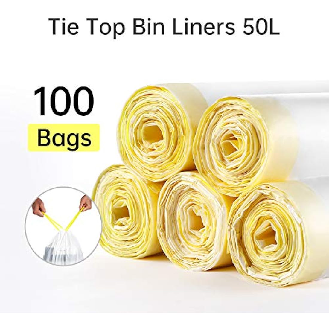 blkk Bin Bags Heavy Duty Bin Liners 50L Swing Bin Liners Strong Pedal Drawstring Bin Bags with Tie Handle Unscented (5 Rolls, 100 Counts in All)
