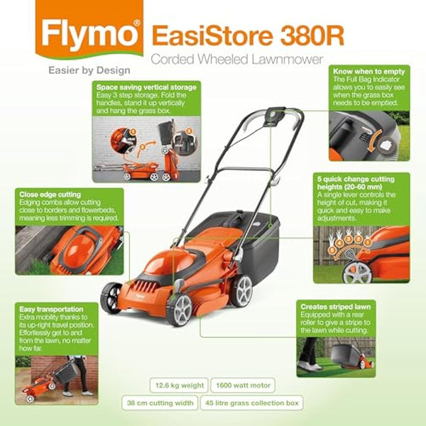 Flymo EasiStore 380R Electric Rotary Lawn Mower - 38 cm Cutting Width, 45 Litre Grass Box, Close Edge Cutting, Rear Roller, Central Height Adjust, Space Saving Storage Features
